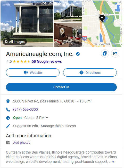 Americaneagle.com's Bing Places for Business Listing 