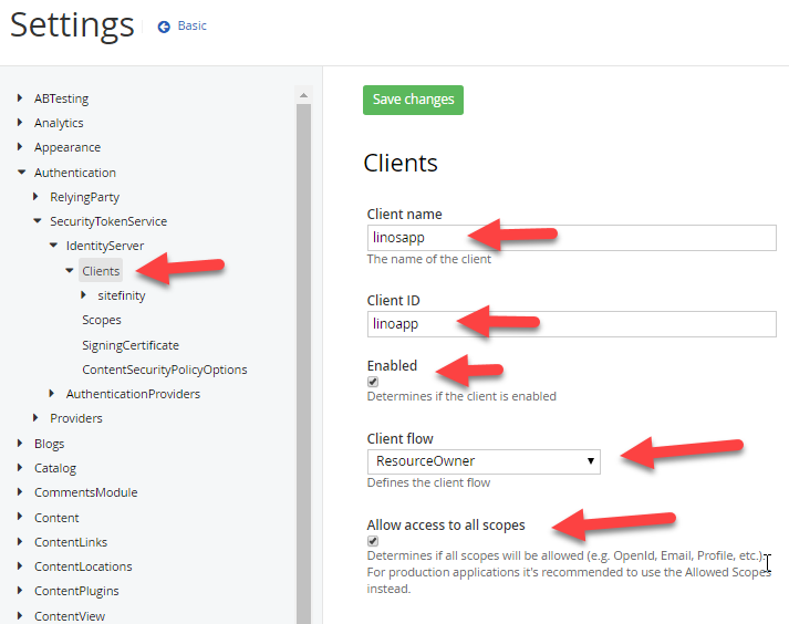 settings and clients